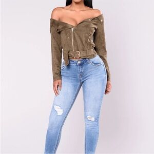 Fashion Nova Olive Off-Shoulder Jacket